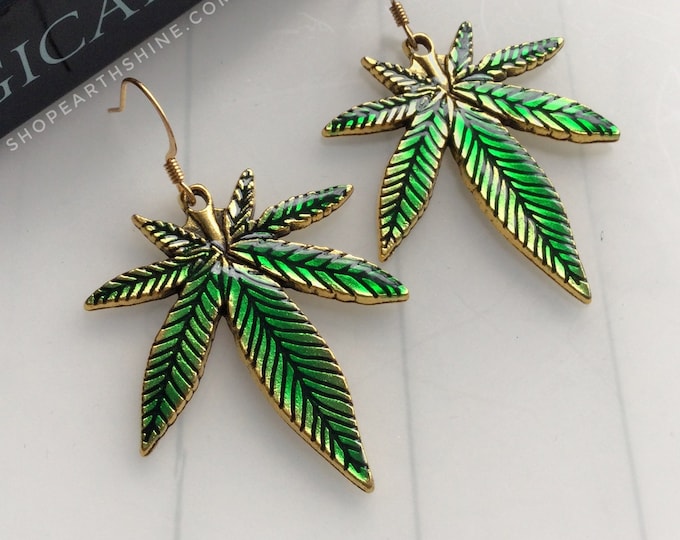 Cannabis Leaf Earrings, Ouid, pot leaf, Gold and Green, weed jewelry. sold per pair (leave qty as 1)