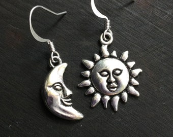 Sun and Moon earrings, silver mismatched, 80s, 90s style (sold per pair, leave qty as 1)