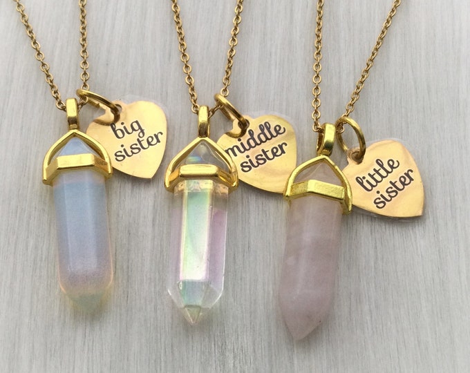 3 Sisters necklaces, Gold Crystal pendants with Little Sister, Big Sister, Middle Sister, YOU CHOOSE your Gemstones