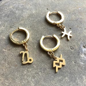 Gold Zodiac Symbol Earring, single hoop Astrological glyph