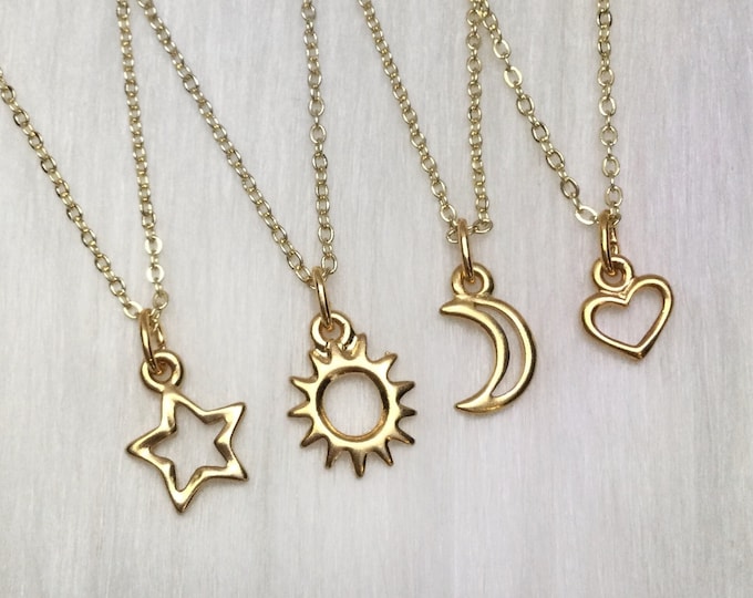 Friendship Necklaces, set of three or four Sun, Moon, Heart or Star necklace, friendship necklaces for three or four