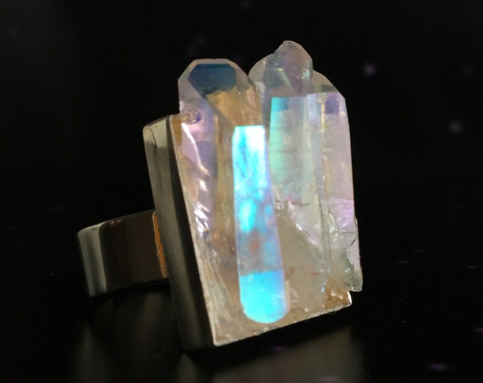 Angel Aura Crystal Ring, Large adjustable gemstone ring