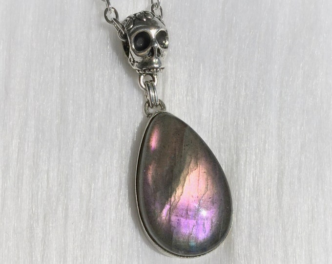 Purple Labradorite necklace, Teardrop pendant with Skull, on long or short stainless steel chain