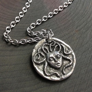 Medusa Ouroboros double sided coin necklace, power medallion with tarnish free chain