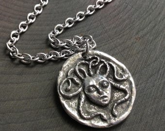 Medusa Ouroboros double sided coin necklace, power medallion with tarnish free chain