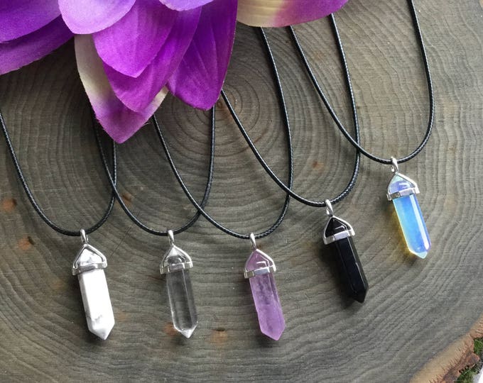 Crystal Necklace, Black Vegan Cord, Amethyst, Opalite Rose Quartz, Obsidian, Fluorite, Aventurine, Jasper, Clear quartz, Amazonite,