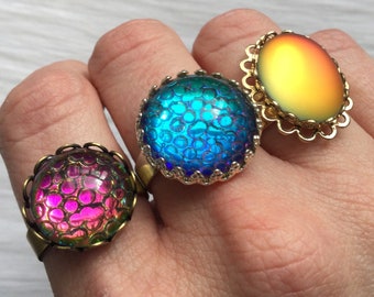 Unique statement rings, adjustable boho gift idea, round vintage glass, druzy gemstone cabochons