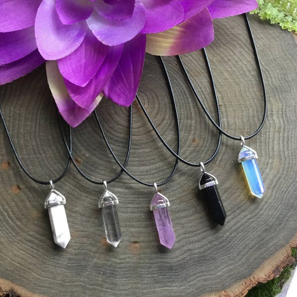 Crystal Necklace, Black Vegan Cord, Amethyst, Opalite Rose Quartz, Obsidian, Fluorite, Aventurine, Jasper, Clear quartz, Amazonite,