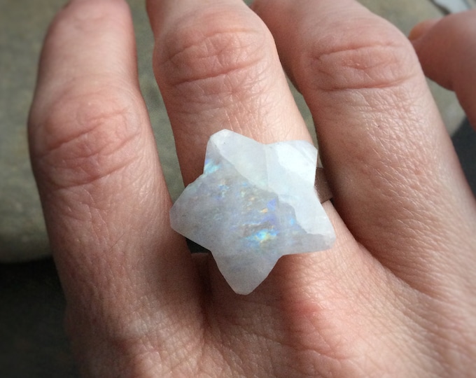 Large Rainbow Moonstone ring, Star shaped Moonstone gemstone ring