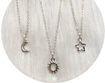 Dainty Silver Sun, Moon or Star necklace, Minimalist Jewelry, friendship, sisters necklaces