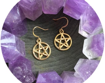 Pentacle earrings, wiccan jewelry, gold tone, (leave QTY as 1 to receive one pair)
