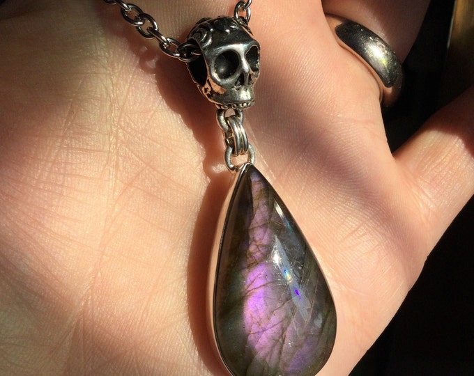 Purple Labradorite necklace, Teardrop pendant with Skull, on long or short stainless steel chain