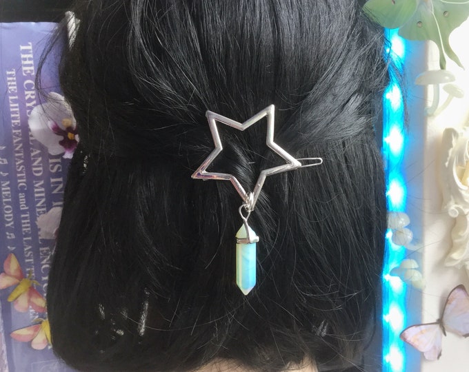 SILVER Star Hair clip, Crystal Moon hair barrette with gemstone dangle