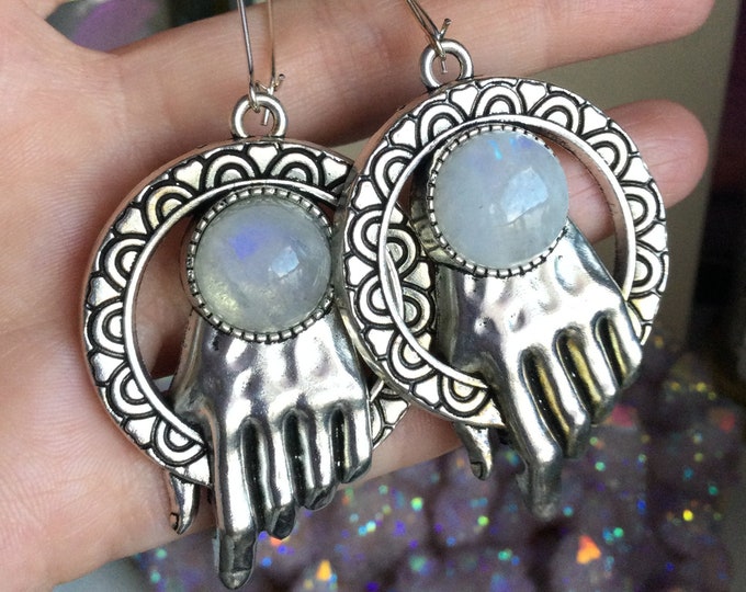 Rainbow Moonstone Hand earrings, large dangle, for regular or stretched ears,