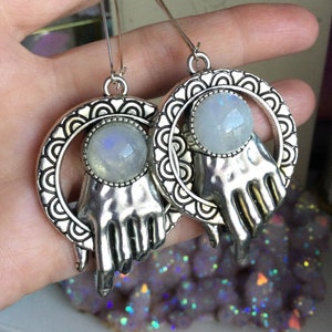 Boucles d&#39;oreilles pendantes main, pierre de lune arc-en-ciel, grande, pour oreilles normales ou étirées,
