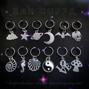 Y2K Ear Cuff, 90s Clip On earring, Silver Yin Yang, Moon, Star, Skull