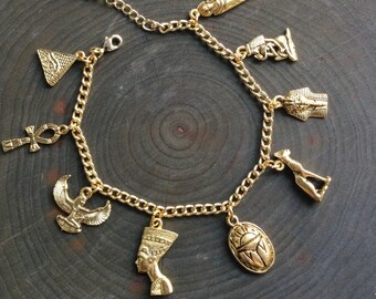 Egyptian Charm bracelet, Scarab, Ankh, Goddess Gold charms