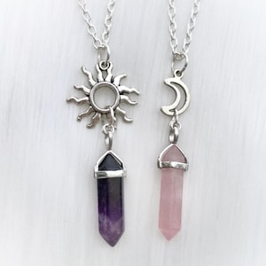 Sun and Moon Crystal Point Necklace Set, Silver Friendship Gemstones