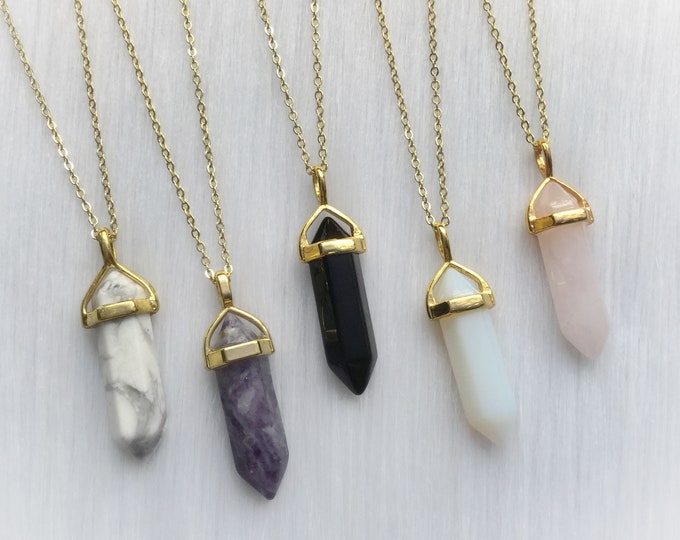 Gold Crystal Necklace, Your choice of gemstone Point pendant, choker necklace, Opalite, Amethyst, Rose Quartz, Obsidian, Clear quartz