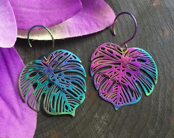 Rainbow Leaf earrings, cutout silhouette leaf, colourful hippie festival earrings, anodized lightweight stainless steel, laser cut