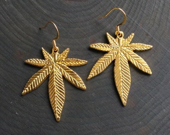 Gold Cannabis Leaf earrings, 420 Weed Ouid, Your choice of Large or Small, clip on or pierced ear (Sold per pair, leave qty as 1)