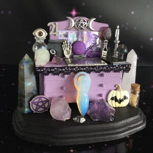 Witch Altar table, Wiccan Miniature Spirit board Palm reader, Pastel Purple Pentacle mini curio