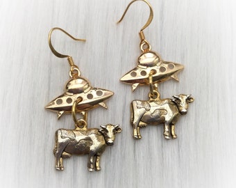 UFO Cow earrings, Alien gold dangle clip-on or pierced hooks, novelty fun gift idea