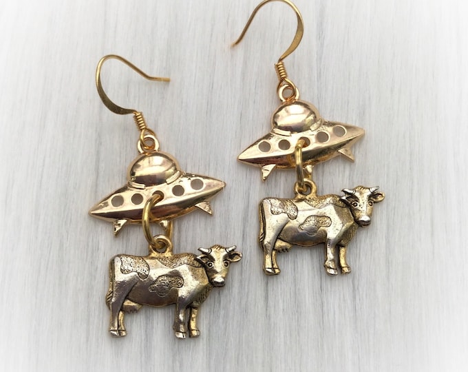 Alien UFO Cow earrings, gold dangle clip-on or pierced hooks, novelty fun gift idea