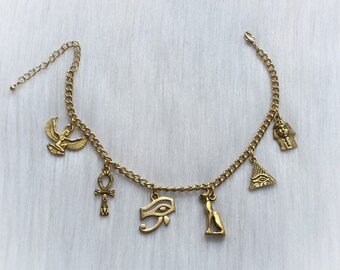 Egyptian Charm Bracelet, Eye of Ra, Winged Goddess Pyramid, Bastet