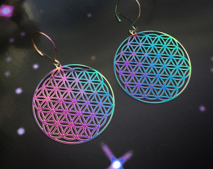 Sacred Geometry earrings, Colorful lightweight Flower of Life, festival earrings, rainbow anodized stainless steel, laser cut
