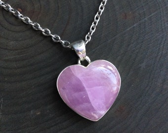 Pink Kunzite Heart necklace, Sterling gemstone pendant with stainless steel chain, Pink stone, love