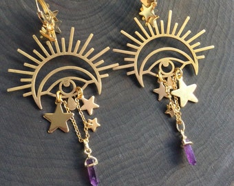 Gold Eye Earrings with Stars and Amethyst crystal tears, long dangly gold on huggie hoops