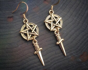 Pentacle Earrings, Athame dagger, Gold or Silver finish, Wiccan symbol jewelry, pierced or clip on (Sold per pair, leave qty as 1)