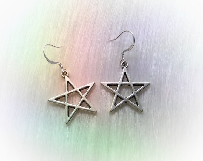 Silver Pentacle star earrings, piercing or clip ons, occult wiccan symbol jewelry