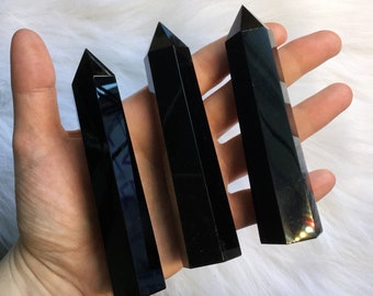 Obsidian tower point, black gemstone crystal,  4” Volcanic Glass, Tower obelisk for Altar