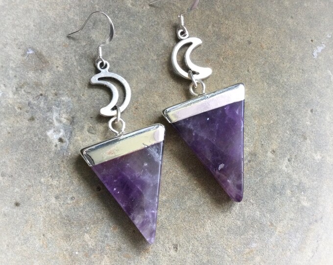Amethyst Moon Earrings, electroplated triangle crystal gemstones