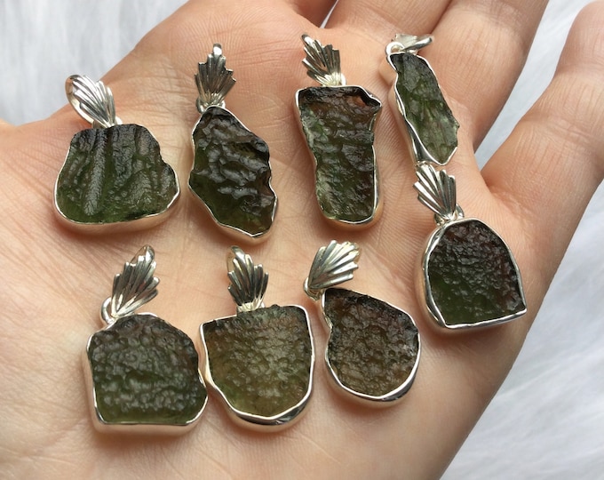 Moldavite Pendant, Authentic genuine Czech Tektite stone, sterling silver