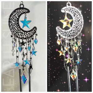 Moon and Star Silver Crystal Sun catcher and windchime, Whimsigoth handmade home decor, witchy