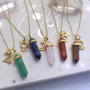 Crystal Planet Glyph necklace, YOUR CHOICE of Gemstone pendant with planetary symbol