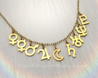 Astrological Glyph Necklace, planetary symbols, Silver or Gold Mercury, Venus, Mars, Jupiter, Saturn, Uranus, Neptune, Pluto or Chiron