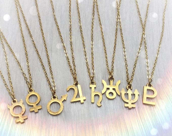 Planet Glyph Necklace, Alchemical Symbol charm, Witchy layering necklace22k Gold plated Pewter