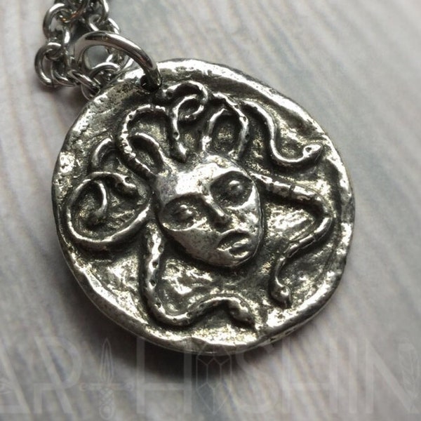 Medusa Ouroboros double sided coin necklace, power medallion with tarnish free chain