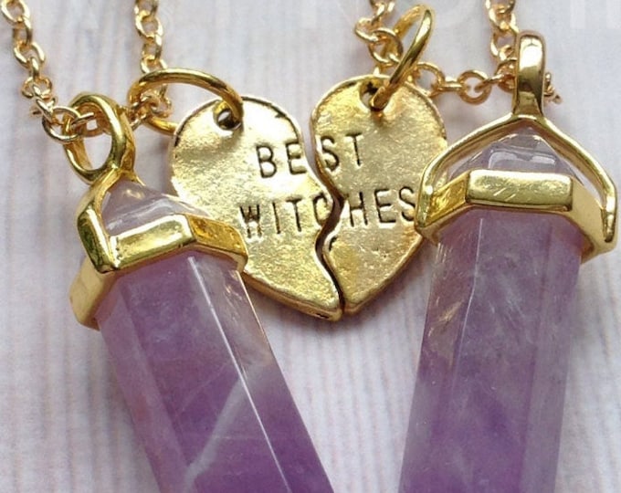 Best Witches Crystal necklaces, Half Heart charm pendants with YOUR CHOICE of gemstone, best friends necklace set