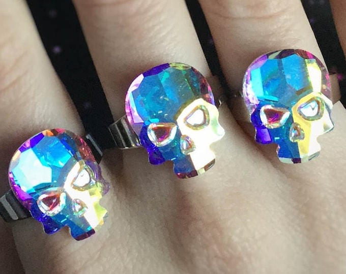 Crystal Skull Ring, Rainbow Crystal AB, wide adjustable silver tone band, fits sizes 5 to 9
