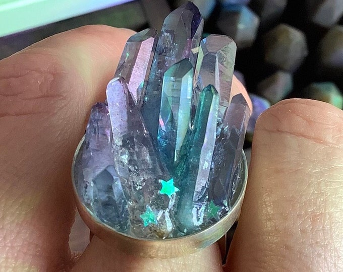 Large Crystal Ring, Tanzine Aura Quartz, Aqua Aura and Vera Cruz Amethyst Crystal Quartz druzy ring