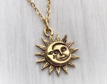 Gold Sun and Moon Charm Necklace, 24k gold plated pewter charm, soulmates, Gift for her