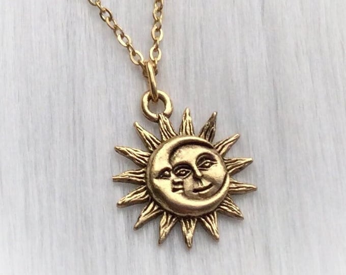 Gold Sun and Moon Charm Necklace, 24k gold plated pewter charm, soulmates, Gift for her