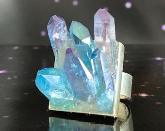 Crystal Cluster ring, Aqua Aura, Vera Cruz Amethyst and Tanzine Aura Crystal Quartz druzy ring