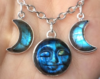 Labradorite Triple Goddess necklace, Hecate Gemstone Moon phases, Moonchild Wiccan jewelry,  (C)