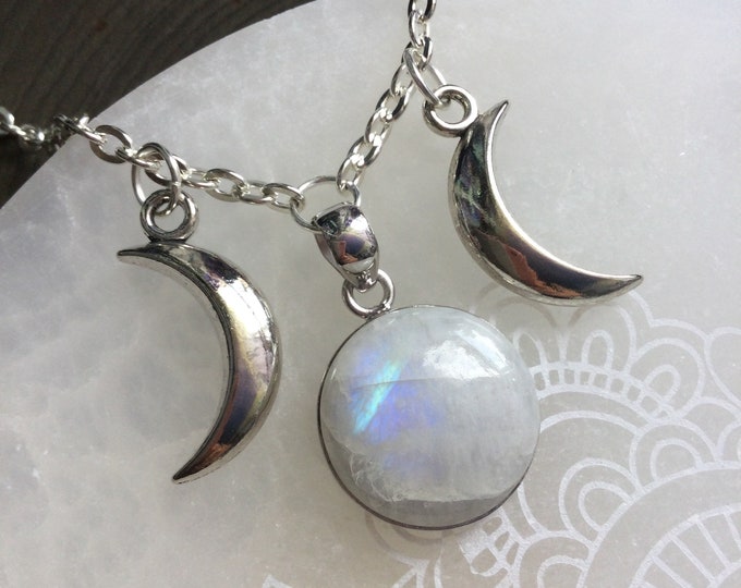 Moonstone Triple Goddess necklace, Round Rainbow Moonstone, Moon phases, Wiccan jewelry